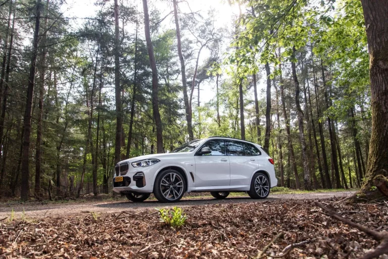 a white suv parked in a forest