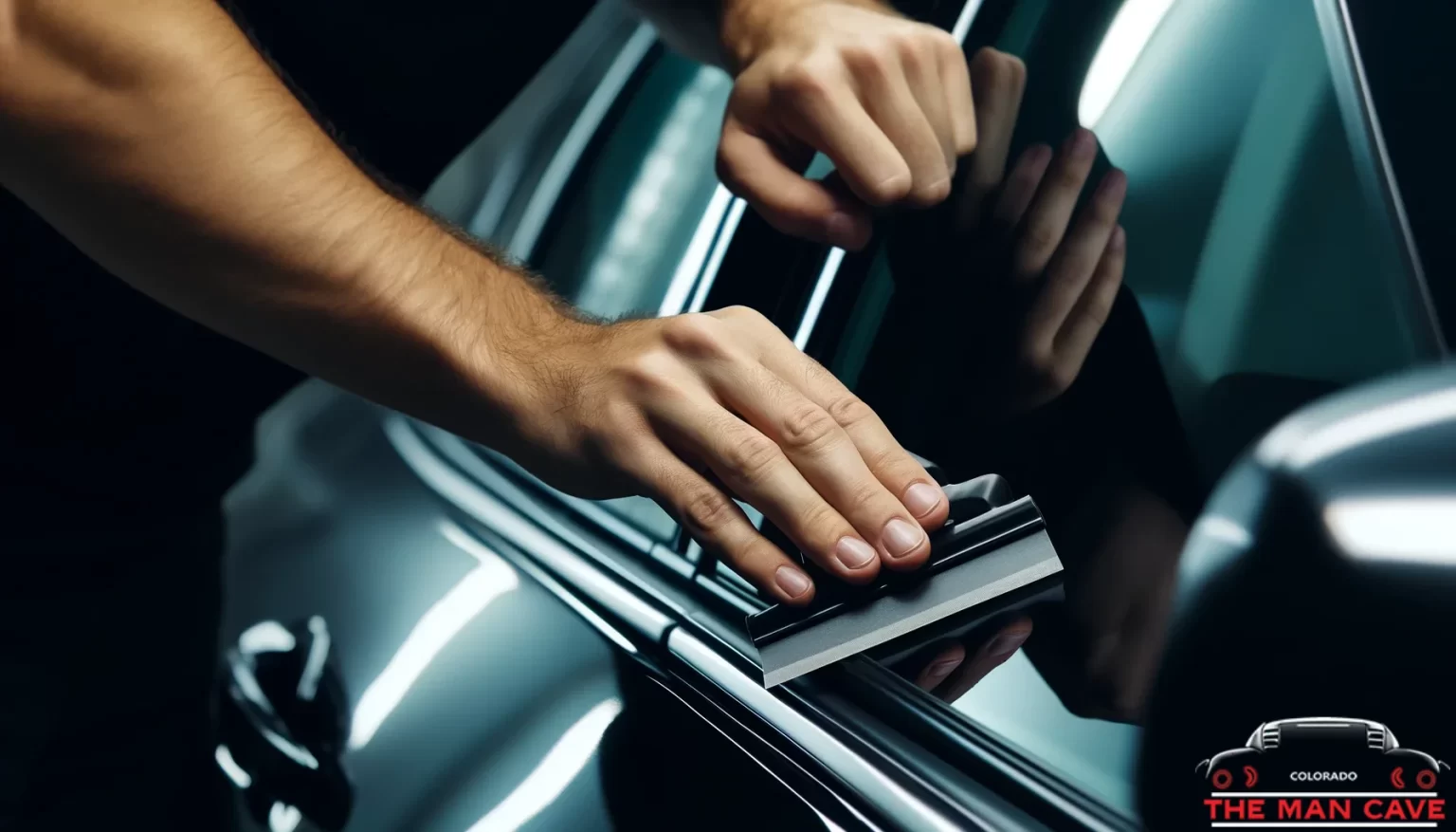 hand using small squeegee to flatten tint on car window at Man Cave Colorado